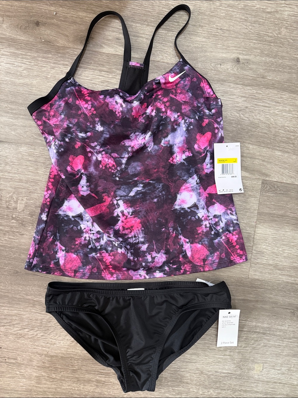 Nike Pink, Magenta & Black Floral Tankini Set with Black Bottoms